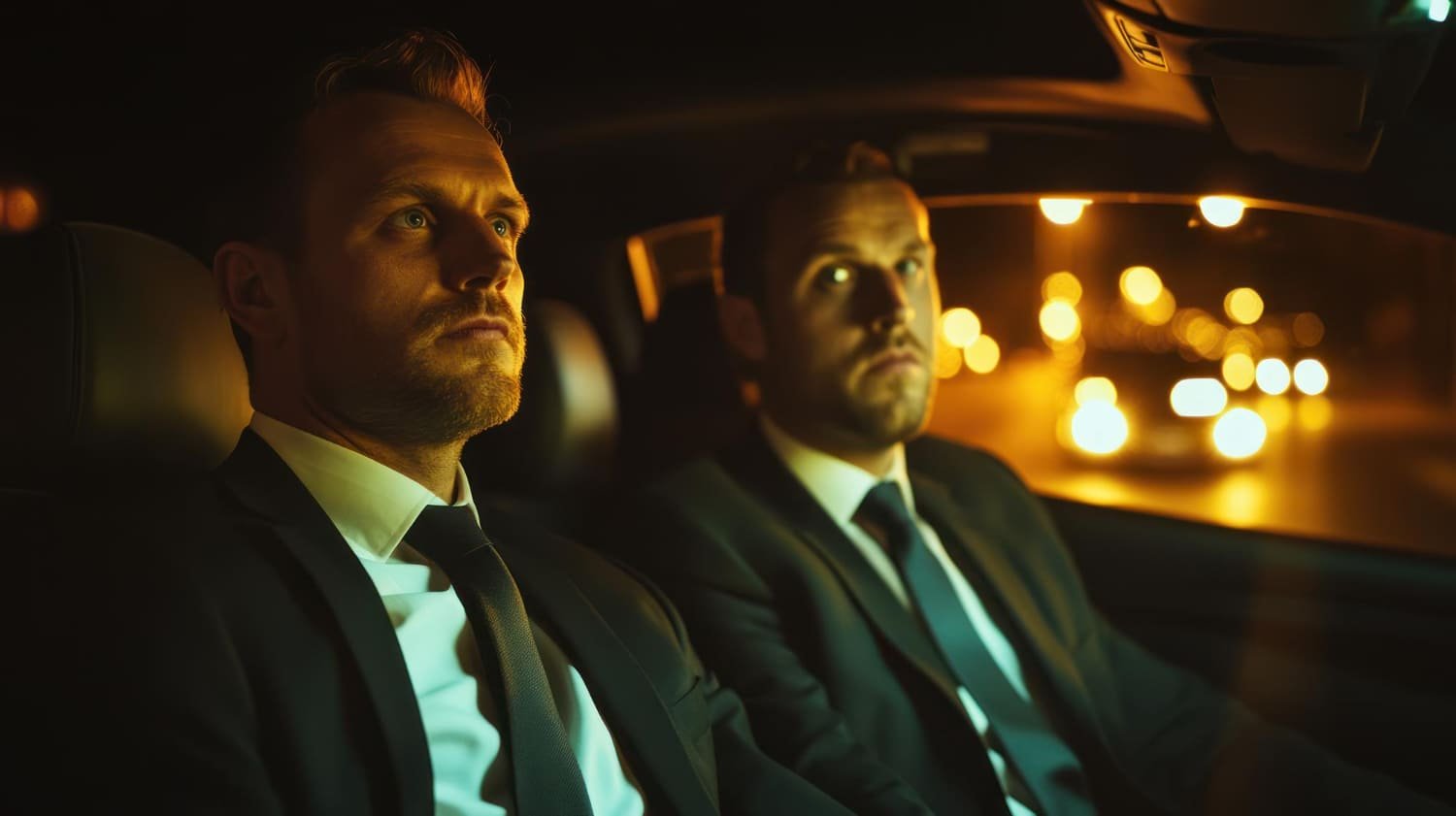 Business colleagues travelling in the back of a chauffeur-driven car at night for Royale Rides chauffeur services