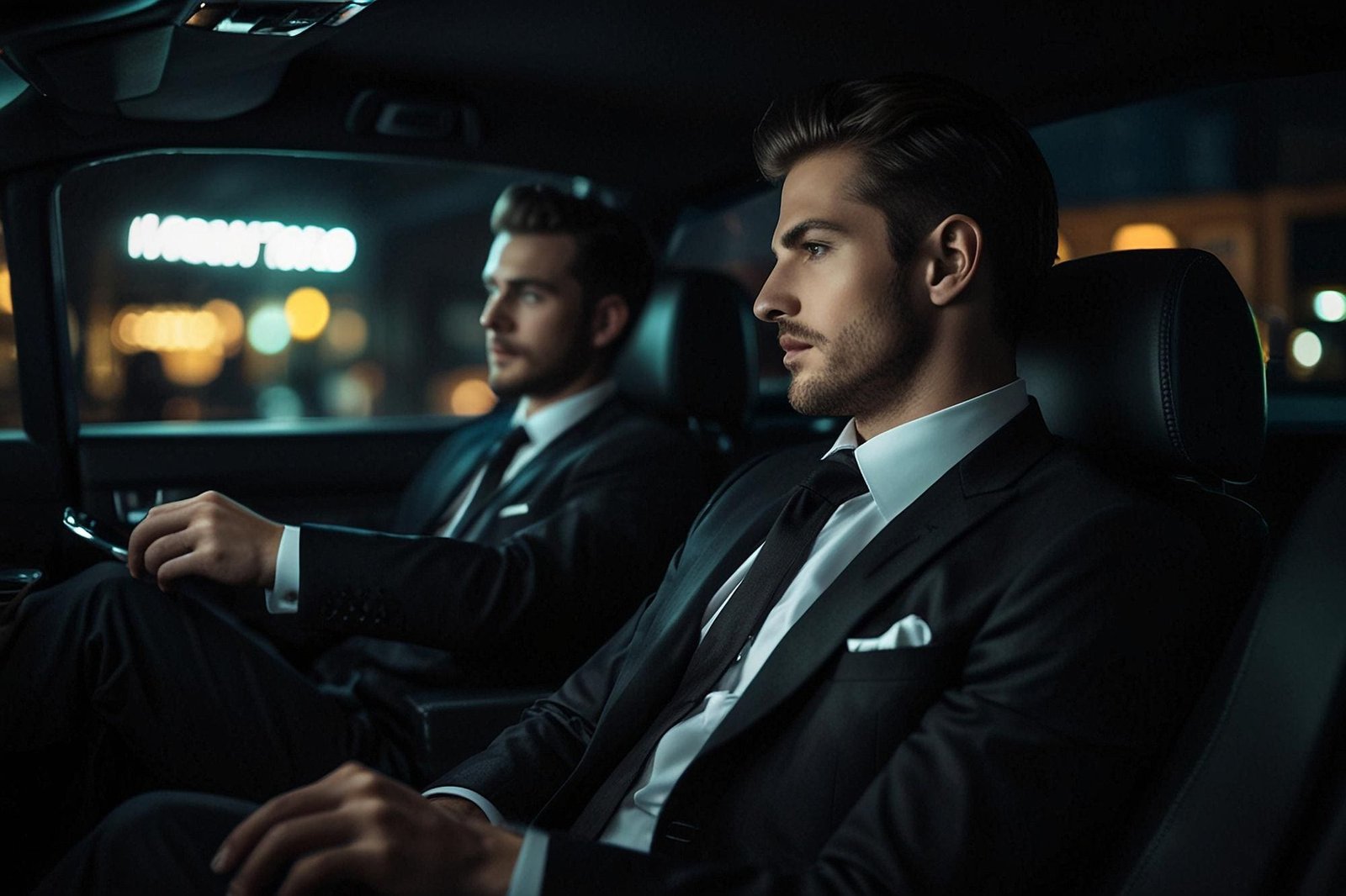 Two business travellers in the back of a chauffeur-driven car at night for corporate travel