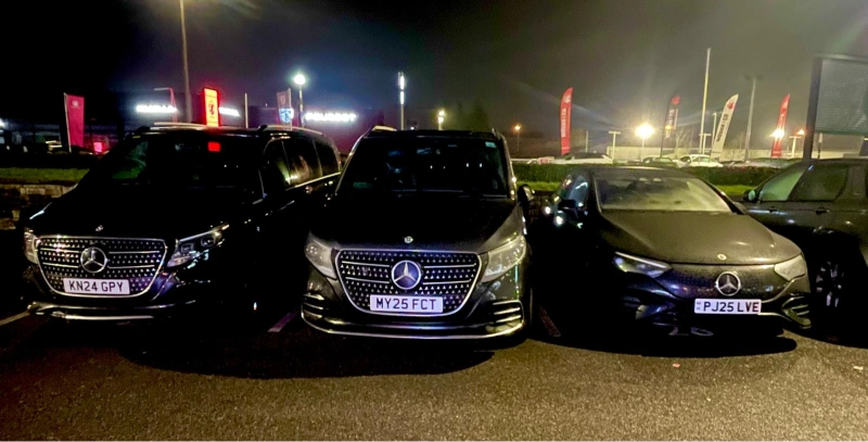 Royale Rides executive fleet at night for full day chauffeur hire in Wigan
