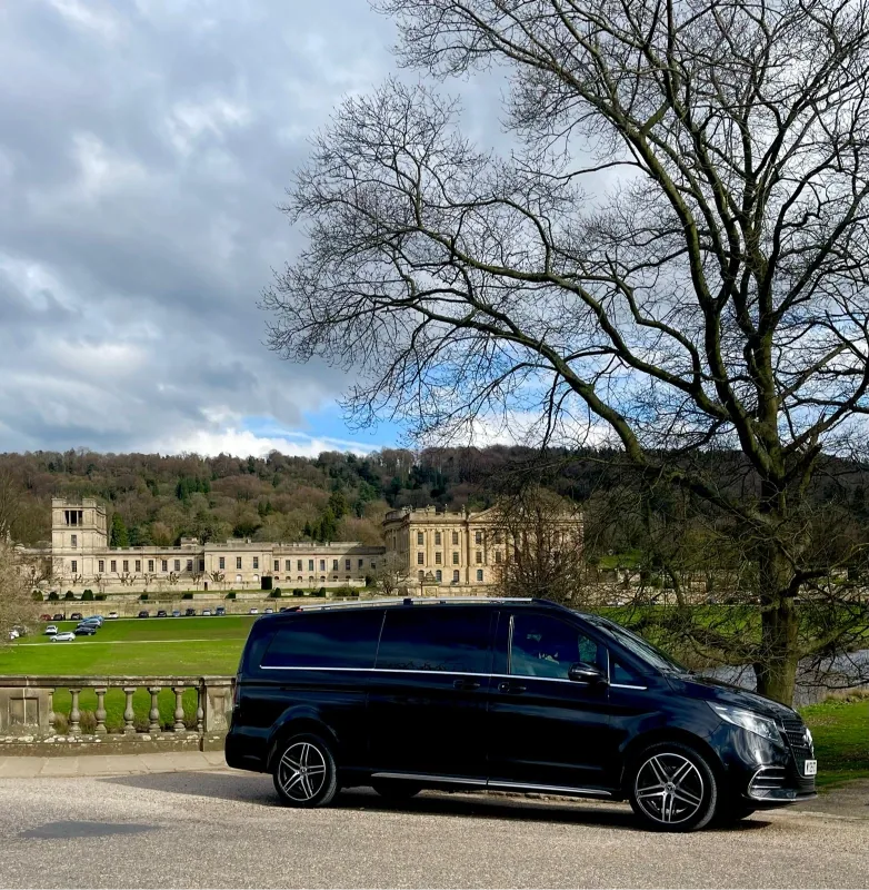 Royale Rides Mercedes V Class collecting passengers at a Cheshire country estate near Wilmslow