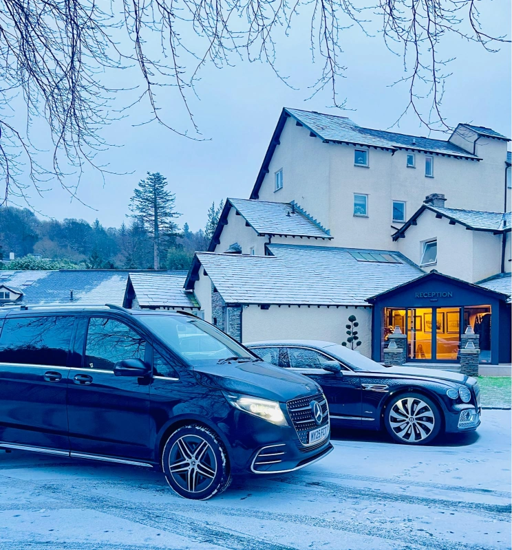 Royale Rides Mercedes V-Class collecting guests from a hotel for a long distance UK transfer
