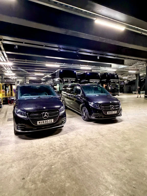 Black Mercedes-Benz V-Class chauffeur vehicle for journeys across Trafford
